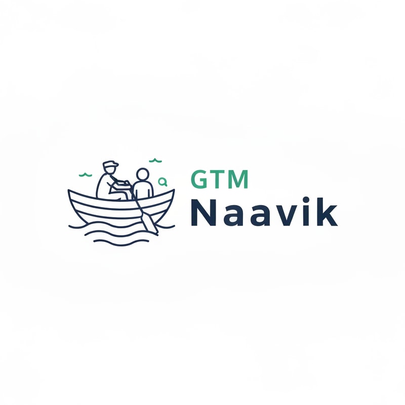 Create a minimal and modern logo for a digital marketing agency named “GTM Naavik”.
Concept: a small elegant boat sailing smoothly on calm water.
In the boat, a Naavik (sailor) is rowing the boat gently, while the customer sits peacefully and relaxed, symbolizing trust, comfort, and smooth completion of work.
The design should give a peaceful, balanced, and confident feeling — showing that GTM Naavik helps clients reach their goals effortlessly.
Style: flat vector, clean lines, minimal details, modern and professional.
Use only two brand colors:

#0A3D62 (deep navy blue) — for trust and depth

#1ABC9C (teal green) — for growth and freshness
Typography: modern sans-serif, simple and neat, text “GTM Naavik” beside or below the icon.
Background: plain white or transparent.
Overall mood: peaceful, trustworthy, growth-oriented, and smooth like calm waves.