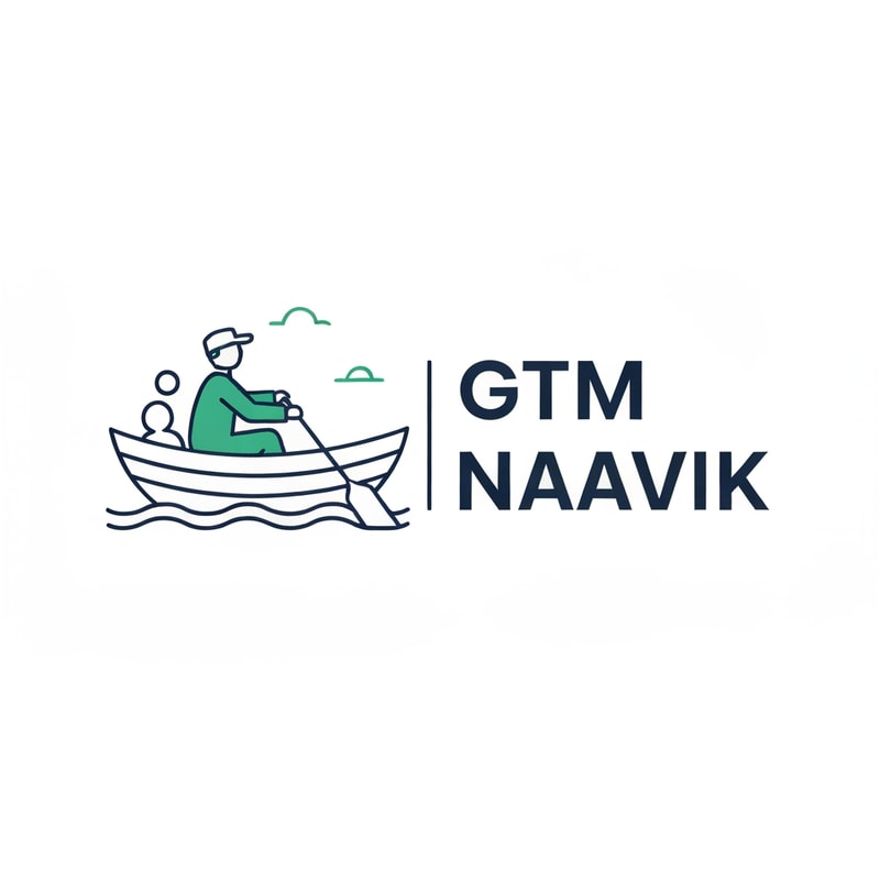 Create a minimal and modern logo for a digital marketing agency named “GTM Naavik”.
Concept: a small elegant boat sailing smoothly on calm water.
In the boat, a Naavik (sailor) is rowing the boat gently, while the customer sits peacefully and relaxed, symbolizing trust, comfort, and smooth completion of work.
The design should give a peaceful, balanced, and confident feeling — showing that GTM Naavik helps clients reach their goals effortlessly.
Style: flat vector, clean lines, minimal details, modern and professional.
Use only two brand colors:
#0A3D62 (deep navy blue) — for trust and depth
#1ABC9C (teal green) — for growth and freshness
Typography: modern sans-serif, simple and neat, text “GTM Naavik” beside or below the icon.
Background: plain white or transparent.
Overall mood: peaceful, trustworthy, growth-oriented, and smooth like calm waves.
