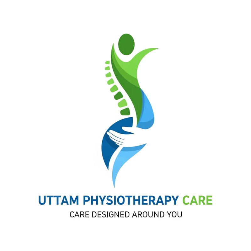 Create a minimal physiotherapy logo icon featuring an abstract human figure in motion or a spine shape embraced by a caring hand, paired with the text “Uttam Physiotherapy Care” and the tagline “Care Designed Around You”.
Flat vector design, balanced spacing, healthcare branding aesthetic, green and blue color combination only.