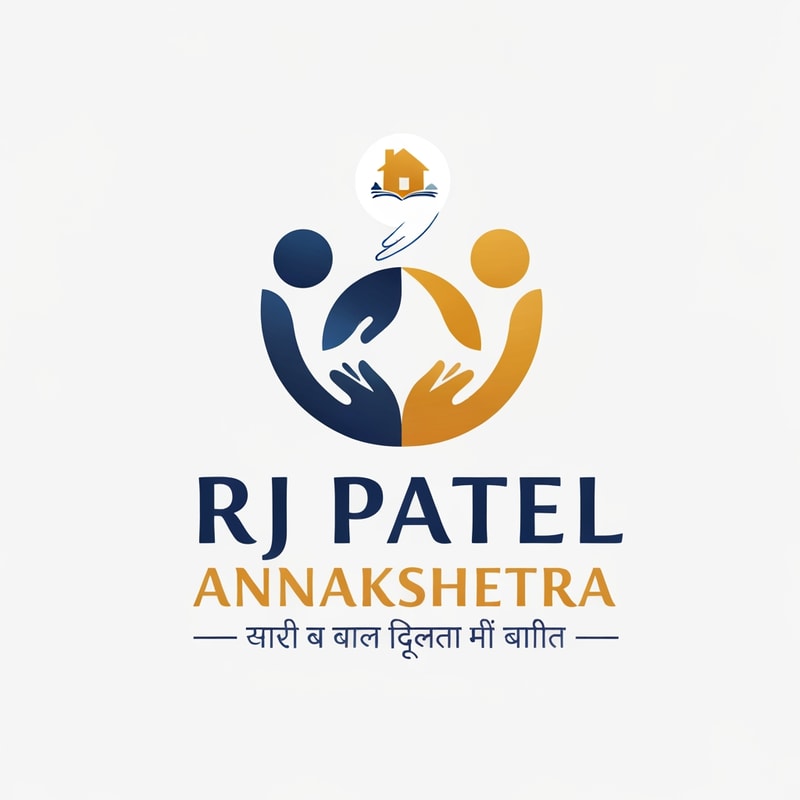 Create a premium, minimal and modern logo for a social service organization.

Company Name: RJ Patel Annakshetra  
Tagline: ॐ सर्वे भवन्तु सुखिनः  

Concept:
The logo should represent kindness, support, unity, and humanity using abstract shapes only.
Do NOT use any religious symbols, hands, food items, house, books, or literal icons.

Design Direction:
- Use abstract flowing shapes forming a subtle circular or upward motion (symbol of growth and support)
- Create a hidden meaning (like unity, people connection, or care) using negative space
- Use soft curves and balanced geometry to show harmony and trust
- Optional: abstract human connection using simple shapes (not obvious figures)

Style:
- Ultra minimal and clean
- Premium NGO / trust style identity
- Flat or slight gradient modern design
- Strong brand feel (like Tata / Infosys level simplicity)

Colors:
- Deep blue (trust)
- Warm orange or gold (care & positivity)
- White (clean and pure)
- Keep color palette limited and elegant

Typography:
- Clean, modern serif or sans-serif font
- "RJ Patel Annakshetra" should look strong and trustworthy
- Tagline in smaller, elegant font below

Layout:
- Centered logo with symbol + text
- Should work in black & white also
- High clarity for social media and print

Avoid:
- No religious icons (no Om symbol)
- No hands or human illustrations
- No literal representation of services
- No clutter or complex details

Background:
- White or very light neutral background

Make the logo look timeless, meaningful, and emotionally powerful through simplicity.