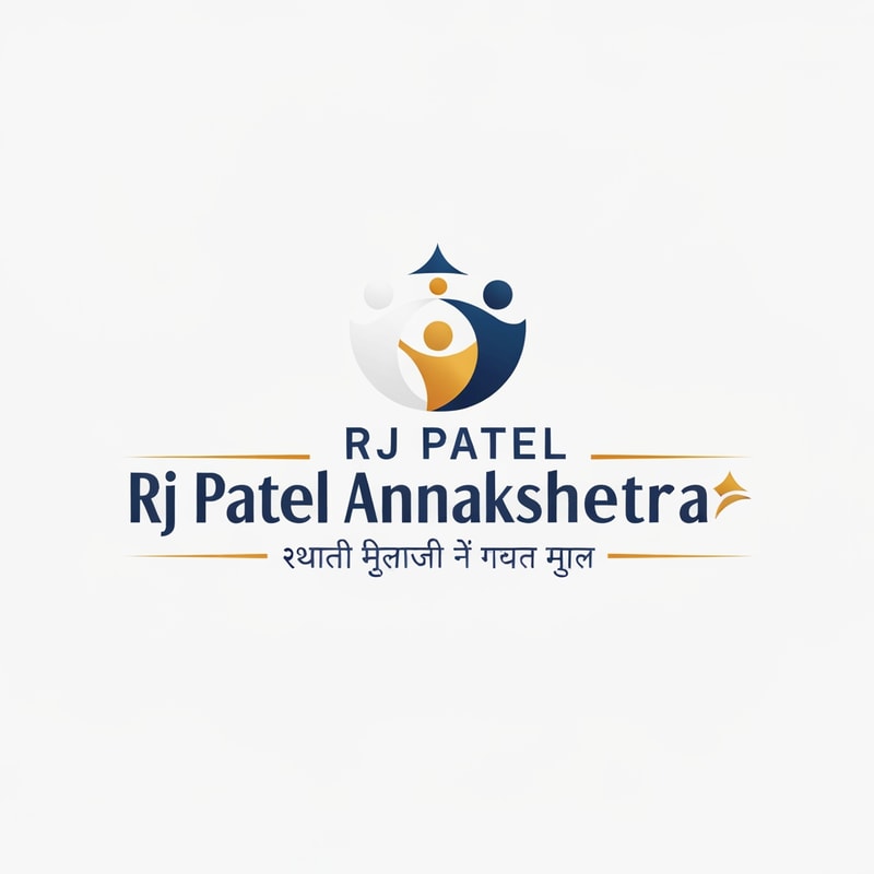 Create a premium, minimal and modern logo for a social service organization.

Company Name: RJ Patel Annakshetra  
Tagline: ॐ सर्वे भवन्तु सुखिनः  

Concept:
The logo should represent kindness, support, unity, and humanity using abstract shapes only.
Do NOT use any religious symbols, hands, food items, house, books, or literal icons.

Design Direction:
- Use abstract flowing shapes forming a subtle circular or upward motion (symbol of growth and support)
- Create a hidden meaning (like unity, people connection, or care) using negative space
- Use soft curves and balanced geometry to show harmony and trust
- Optional: abstract human connection using simple shapes (not obvious figures)

Style:
- Ultra minimal and clean
- Premium NGO / trust style identity
- Flat or slight gradient modern design
- Strong brand feel (like Tata / Infosys level simplicity)

Colors:
- Deep blue (trust)
- Warm orange or gold (care & positivity)
- White (clean and pure)
- Keep color palette limited and elegant

Typography:
- Clean, modern serif or sans-serif font
- "RJ Patel Annakshetra" should look strong and trustworthy
- Tagline in smaller, elegant font below

Layout:
- Centered logo with symbol + text
- Should work in black & white also
- High clarity for social media and print

Avoid:
- No religious icons (no Om symbol)
- No hands or human illustrations
- No literal representation of services
- No clutter or complex details

Background:
- White or very light neutral background

Make the logo look timeless, meaningful, and emotionally powerful through simplicity.