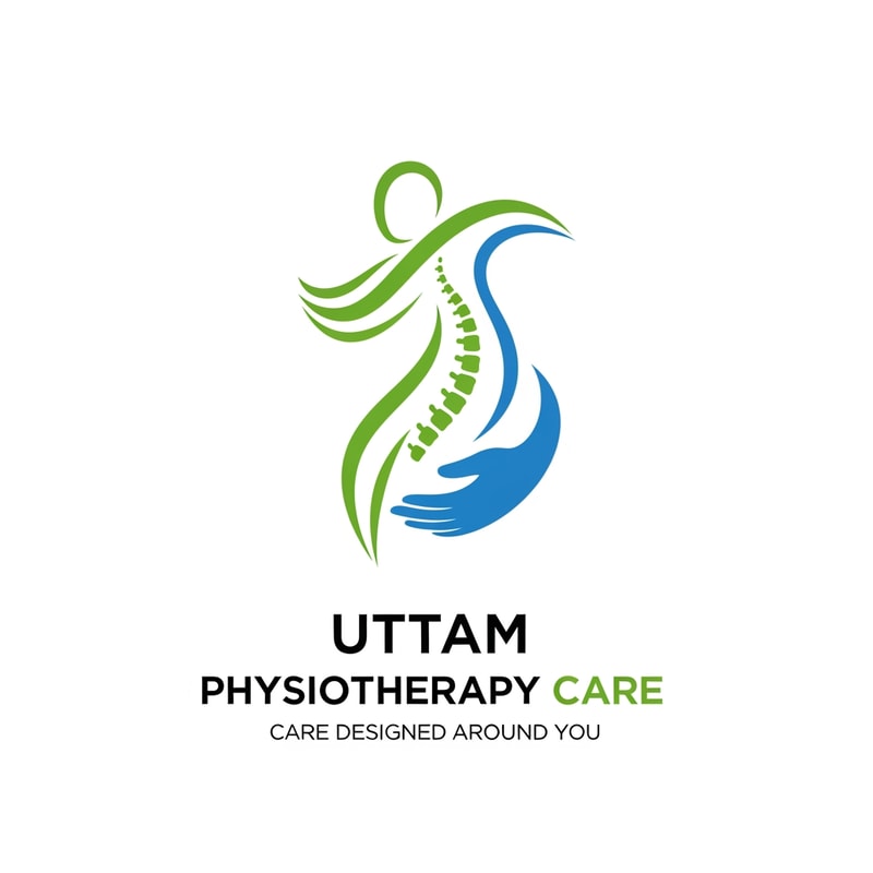Create a minimal physiotherapy logo icon featuring an abstract human figure in motion or a spine shape embraced by a caring hand, paired with the text “Uttam Physiotherapy Care” and the tagline “Care Designed Around You”.
Flat vector design, balanced spacing, healthcare branding aesthetic, green and blue color combination only.