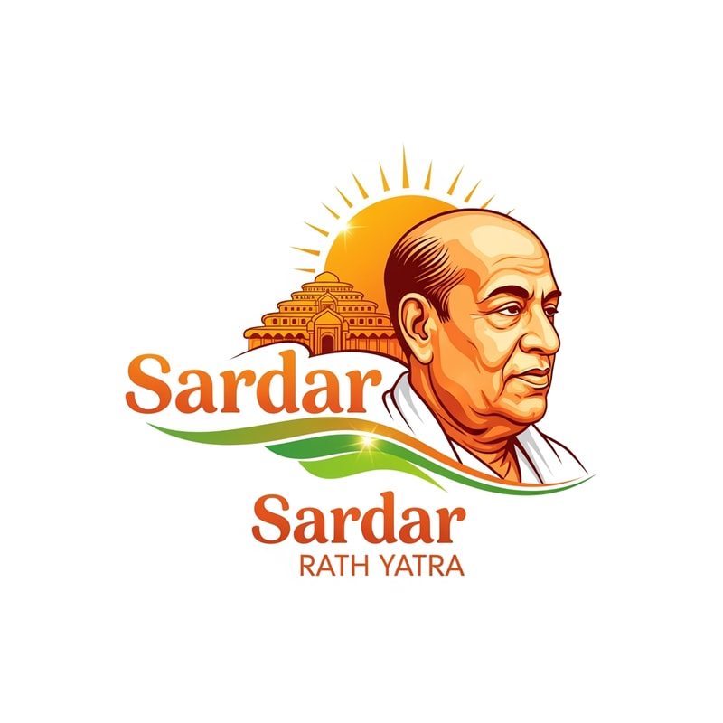 Create a premium vector logo for a cultural yatra event named "सरदार रथयात्रा".

Design style:
Festive Indian yatra theme, energetic and traditional but modern branding style.

Main highlight:
A detailed vector portrait of Sardar Vallabhbhai Patel on the right side, similar to the reference image, respectful and iconic look.

Color palette strictly:
Primary color: #ff9c53
Secondary color: #77a76a
Use smooth gradients and elegant highlights.

Important elements:
- Keep the exact Hindi text: "सरदार रथयात्रा"
- Tagline below in banner: "सरदार आपके द्वार"
- Remove the chariot (rath) icon completely
- Add subtle yatra / festival elements like:
  saffron flags, traditional Indian decorative shapes, festive patterns, spiritual journey feeling
- Clean modern vector logo design
- Balanced composition
- Professional branding
- Transparent or light background
- Ultra high resolution, print ready

Style:
Indian festival branding logo, vector illustration, modern + traditional, elegant, professional logo design.