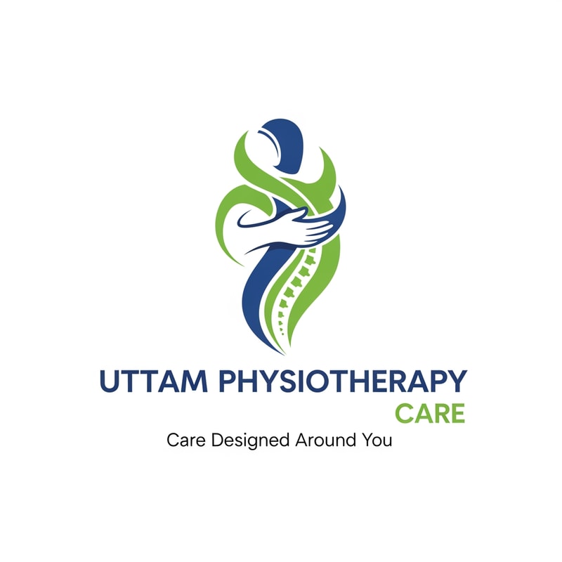 Create a minimal physiotherapy logo icon featuring an abstract human figure in motion or a spine shape embraced by a caring hand, paired with the text “Uttam Physiotherapy Care” and the tagline “Care Designed Around You”.
Flat vector design, balanced spacing, healthcare branding aesthetic, green and blue color combination only.