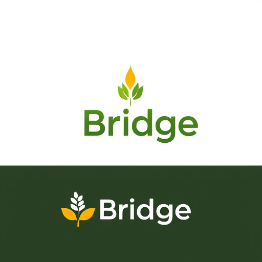 Professional logo design. Logo Design:Create an aesthetic, minimal, and modern logo for a mobile app named 'Bridge'. The app connects farmers to quick-commerce essentials like wheat, milk, and groceries. Design a unique abstract mark that blends the idea of a bridge (connection, trust) with a subtle agricultural element (leaf or wheat line). Use clean geometry, smooth curves, and balanced negative space. Typography: bold, modern sans-serif. The style should be timeless, elegant, and instantly recognizable as a premium brand. Color palette: fresh green with a warm accent (yellow or orange).