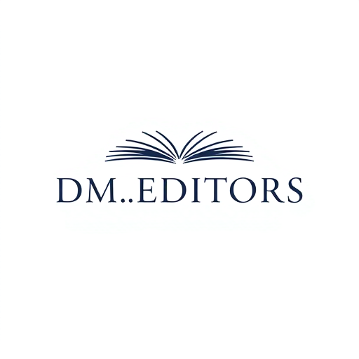 Professional logo design. Minimalist for a business focused on editorial services named "DM.EDITORS": Clean lines and abstract representation of pages or text, muted professional colors like navy, charcoal, and a subtle accent of gold, a modern sans-serif font. Design with a focus on precision and clarity, subtle negative space to suggest refinement, and a solid white background.