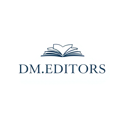 Professional logo design. Minimalist for a business focused on editorial services named "DM.EDITORS": Clean lines and abstract representation of pages or text, muted professional colors like navy, charcoal, and a subtle accent of gold, a modern sans-serif font. Design with a focus on precision and clarity, subtle negative space to suggest refinement, and a solid white background.