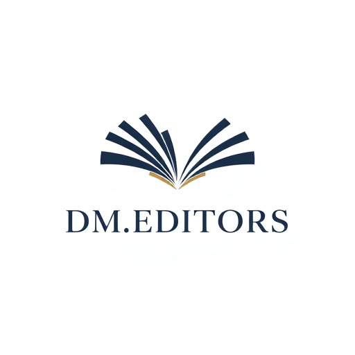 Professional logo design. Minimalist for a business focused on editorial services named "DM.EDITORS": Clean lines and abstract representation of pages or text, muted professional colors like navy, charcoal, and a subtle accent of gold, a modern sans-serif font. Design with a focus on precision and clarity, subtle negative space to suggest refinement, and a solid white background.