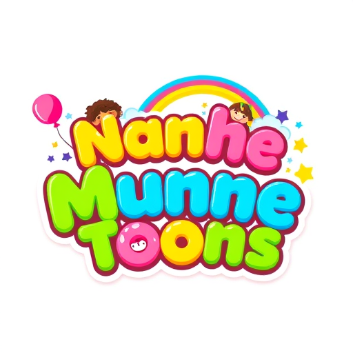 Professional logo design. "Design a colorful, playful, and cartoon-style logo for a kids YouTube channel called Nanhe Munne Toons.Make the text big, bubbly, and 3D rounded in bright colors (yellow, blue, pink, green).Place two cute smiling cartoon kids (one boy and one girl) around the text, looking happy.Add fun elements like balloons, rainbow, stars, and clouds to make it magical and cheerful.Style should be vibrant, modern, and eye-catching for children.The design must look perfect as a YouTube profile picture and banner.Keep background transparent so it works on any color backdrop."