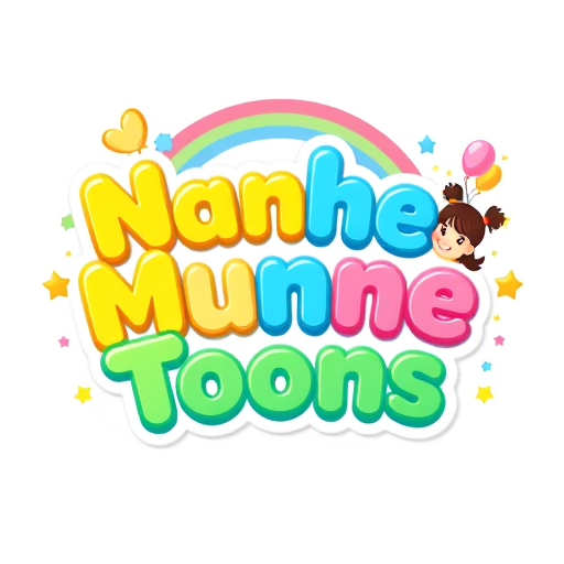 Professional logo design. "Cute, colorful 3D cartoon logo for kids YouTube channel 'Nanhe Munne Toons'. Big bubbly rounded text in bright colors (yellow, blue, pink, green). Two smiling cartoon kids (boy and girl) around the text. Add balloons, rainbow, stars, and clouds. Fun, cheerful, eye-catching style. Transparent background."