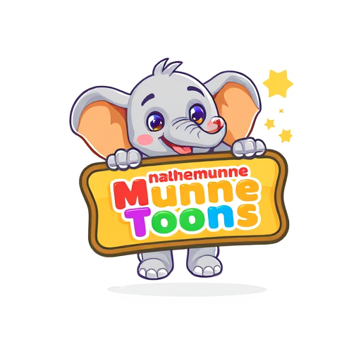 Professional logo design. "Design a mascot-based logo for Nanhe Munne Toons.Create a cute cartoon mascot character (a baby elephant, teddy, or panda) holding a colorful board with the text 'Nanhe Munne Toons'.Use vibrant colors like orange, blue, yellow, and green.Style should be playful, detailed, and full of energy, perfect for children’s rhymes and cartoons.Add decorative elements like stars, clouds, or sparkles.Background: transparent for easy use."