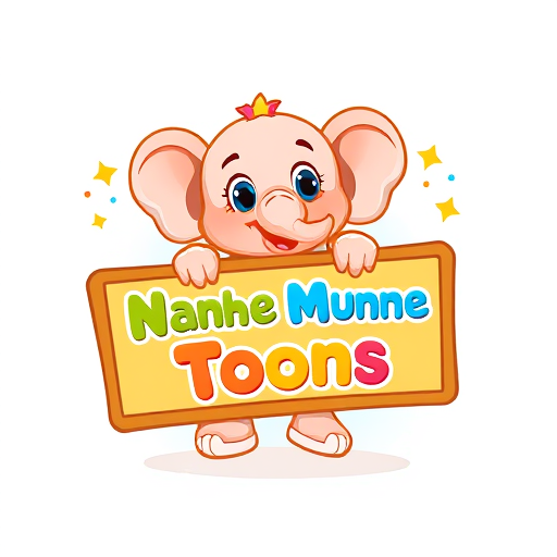 Professional logo design. "Design a mascot-based logo for Nanhe Munne Toons.Create a cute cartoon mascot character (a baby elephant, teddy, or panda) holding a colorful board with the text 'Nanhe Munne Toons'.Use vibrant colors like orange, blue, yellow, and green.Style should be playful, detailed, and full of energy, perfect for children’s rhymes and cartoons.Add decorative elements like stars, clouds, or sparkles.Background: transparent for easy use."