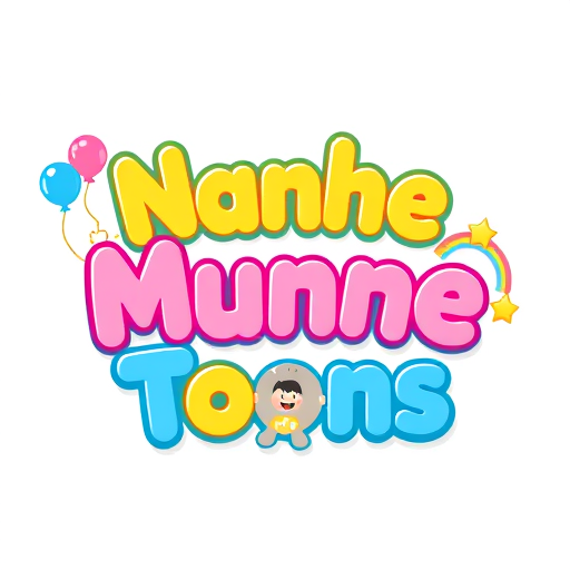 Professional logo design. "Create a cute, colorful, and playful logo for a kids YouTube channel named Nanhe Munne Toons. The logo should feature:Bright cartoon-style text with rounded bubbly letters.Fun, cheerful colors like yellow, pink, blue, and green.A pair of smiling cartoon kids (one boy and one girl) playing or holding balloons.Elements like stars, rainbow, or small animals (like a bunny or teddy) around the text to make it lively.Style should be 3D cartoonish, modern, and very eye-catching for children.Background should be clean, preferably transparent or white, so it looks good on YouTube profile and thumbnails."