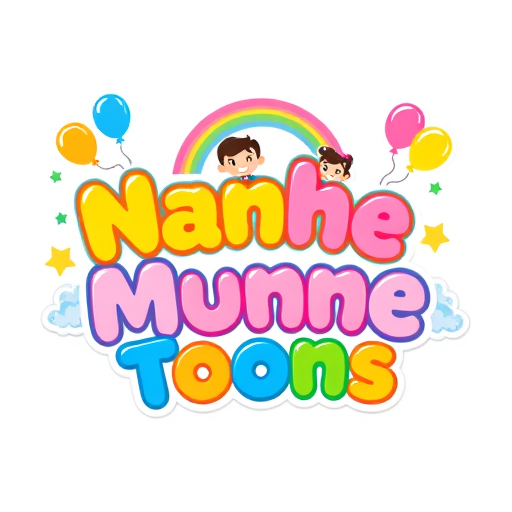 Professional logo design. "Design a colorful, playful, and cartoon-style logo for a kids YouTube channel called Nanhe Munne Toons.Make the text big, bubbly, and 3D rounded in bright colors (yellow, blue, pink, green).Place two cute smiling cartoon kids (one boy and one girl) around the text, looking happy.Add fun elements like balloons, rainbow, stars, and clouds to make it magical and cheerful.Style should be vibrant, modern, and eye-catching for children.The design must look perfect as a YouTube profile picture and banner.Keep background transparent so it works on any color backdrop."