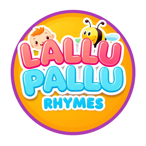 Professional logo design.  A 3D, colorful kids-cartoon style logo featuring:Text: “LALLU PALLU RHYMES” in big, soft, rounded bubble letters.“LALLU PALLU” in bright pink and yellow gradient letters with a glossy 3D effect.“RHYMES” in sky-blue bubble letters.Characters & elements:A cute baby character with orange hair smiling from behind the top of the text.A friendly 3D bee with yellow and black stripes, blue wings, and tiny antennae flying near the letters.Small green heart shapes as decorative accents.Background:Vibrant circular badge with a warm orange-to-yellow gradient center and a purple border.Style & lighting:Bright, cheerful, children’s animation look.Smooth 3D shading, playful and glossy finish, suitable for a kids rhymes YouTube channel logo.