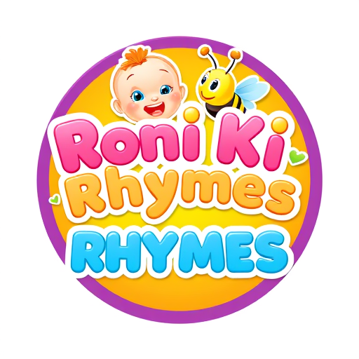 Professional logo design. A 3D, colorful kids-cartoon style logo featuring:Text: “Roni Ki Rhymes” in big, soft, rounded bubble letters.“Roni Ki Rhymes” in bright pink and yellow gradient letters with a glossy 3D effect.“RHYMES” in sky-blue bubble letters.Characters & elements:A cute baby character with orange hair smiling from behind the top of the text.A friendly 3D bee with yellow and black stripes, blue wings, and tiny antennae flying near the letters.Small green heart shapes as decorative accents.Background:Vibrant circular badge with a warm orange-to-yellow gradient center and a purple border.Style & lighting:Bright, cheerful, children’s animation look.Smooth 3D shading, playful and glossy finish, suitable for a kids rhymes YouTube channel logo.
