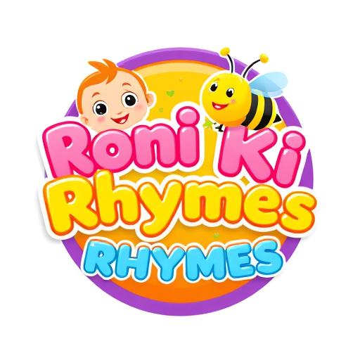 Professional logo design. A 3D, colorful kids-cartoon style logo featuring:Text: “Roni Ki Rhymes” in big, soft, rounded bubble letters.“Roni Ki Rhymes” in bright pink and yellow gradient letters with a glossy 3D effect.“RHYMES” in sky-blue bubble letters.Characters & elements:A cute baby character with orange hair smiling from behind the top of the text.A friendly 3D bee with yellow and black stripes, blue wings, and tiny antennae flying near the letters.Small green heart shapes as decorative accents.Background:Vibrant circular badge with a warm orange-to-yellow gradient center and a purple border.Style & lighting:Bright, cheerful, children’s animation look.Smooth 3D shading, playful and glossy finish, suitable for a kids rhymes YouTube channel logo.