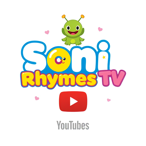 Professional logo design. "A colorful, fun, and playful kids YouTube channel logo design. The text says Soni Rhymes TV in bold, rounded cartoon-style font. The word Soni is in white with a smiling yellow emoji face inside the letter O, and the word Rhymes is in bright yellow with a thick blue outline. The word TV is small below in pink color. Above the text, a cute green cartoon alien with stars around it is sitting playfully. Background is clean white with small pink heart icons and cheerful elements. At the bottom, the official red YouTube play button icon with the word 'YouTube'. The whole design should look bright, attractive, kid-friendly, and perfect for a rhymes/children's channel logo."