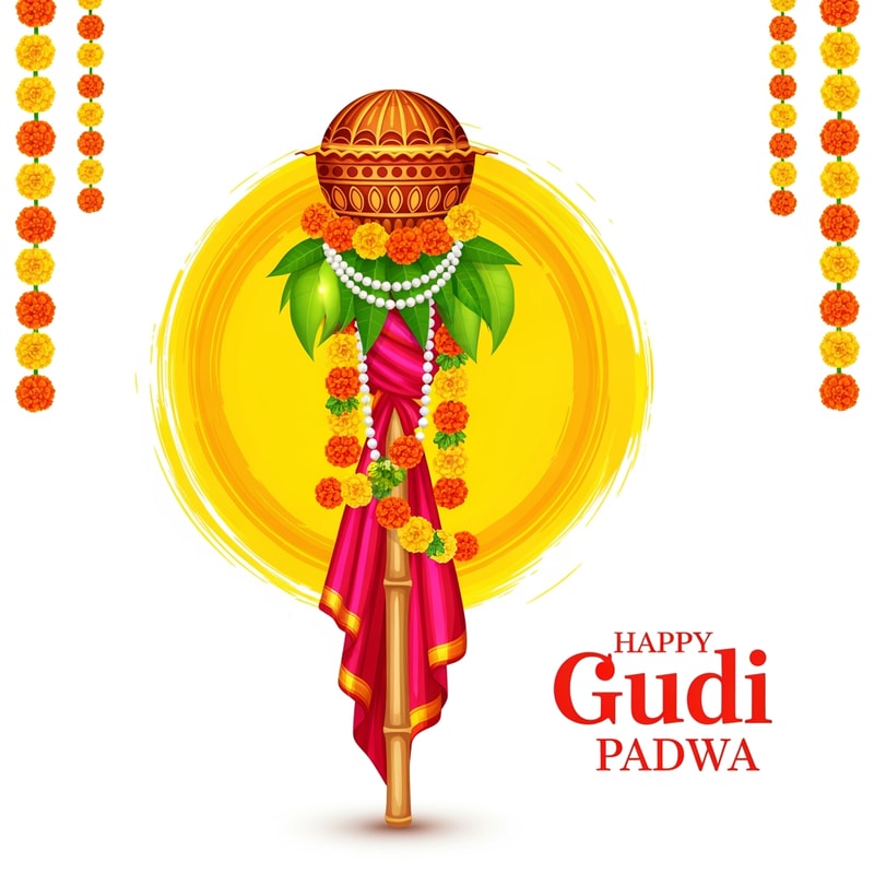“A festive Gudi Padwa celebration illustration featuring a traditional Gudi. The Gudi is made with a long bamboo stick draped in a vibrant red and pink silk cloth, decorated with marigold flower garlands, green mango leaves, and a string of white beads. On top sits a shiny copper kalash with intricate patterns. Behind it, there is a bright, artistic yellow paint stroke circle giving a divine and energetic festive feel. Floral garlands hang on both sides. Clean white background with elegant text ‘Happy Gudi Padwa’ in stylish red typography.”