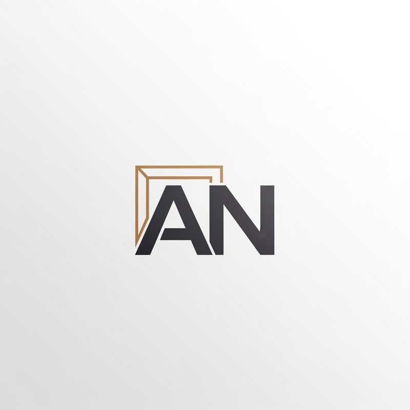 A minimalist brand logo for a furniture company featuring the letters "AN" integrated into a sleek, architectural icon — Centered, balanced composition with the text "AN" as the primary focal point, A sophisticated palette of matte charcoal gray and warm oak wood tones, Clean and professional mood with soft, diffused studio lighting, Modern vector graphic design with a focus on negative space and high-end structural lines, Keep text/logos/labels "AN" EXACTLY unchanged; no rewriting, redrawing, correcting, or adding any text; avoid any complex shadows or gradients, Presented on a solid, neutral white background.