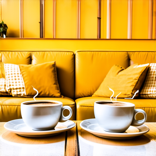 Two cups of coffee on table, cozy home atmosphere, yellow background, for logo with space for text in the middle. add couch behind cups. make couch lower. make table smooth and remove those lines