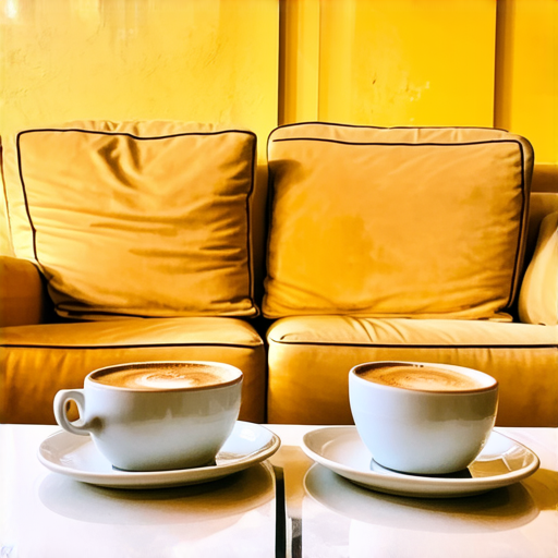 Two cups of coffee on table, cozy home atmosphere, yellow background, for logo with space for text in the middle. add couch behind cups. make couch lower. make table smooth and remove those lines