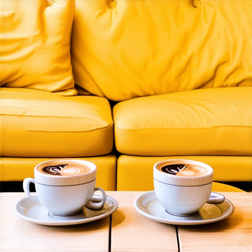 Two cups of coffee on table, cozy home atmosphere, yellow background, for logo with space for text in the middle. add couch behind cups. make couch lower. make table smooth and remove those lines