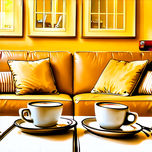 Two cups of coffee on table, cozy home atmosphere, yellow background, for logo with space for text in the middle. add couch behind cups. make couch lower. make table smooth and remove those lines
