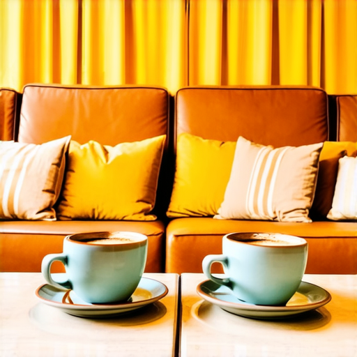 Two cups of coffee on table, cozy home atmosphere, yellow background, for logo with space for text in the middle. add couch behind cups. make couch lower