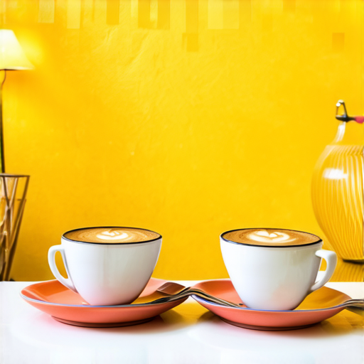 Two cups of coffee on table, cozy home atmosphere, yellow background, for logo with space for text in the middle