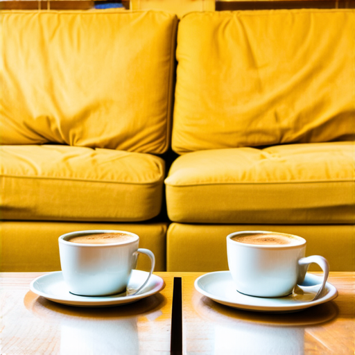 Two cups of coffee on smooth wooden table, cozy home atmosphere, yellow background, for logo with space for text in the middle. add couch behind cups. make couch lower