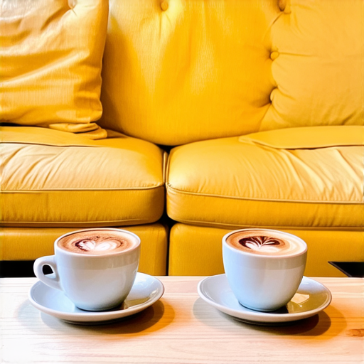 Two cups of coffee on smooth wooden table, cozy home atmosphere, yellow background, for logo with space for text in the middle. add couch behind cups. make couch lower