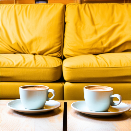 Two cups of coffee on table, cozy home atmosphere, yellow background, for logo with space for text in the middle. add couch behind cups. make wooden table