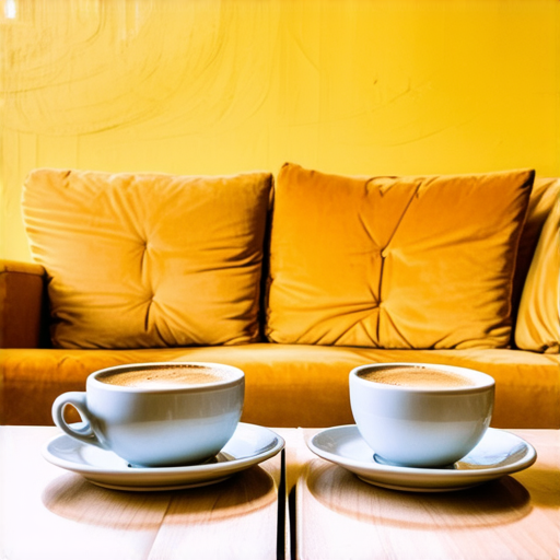 Two cups of coffee on table, cozy home atmosphere, yellow background, for logo with space for text in the middle. add couch behind cups. make wooden table