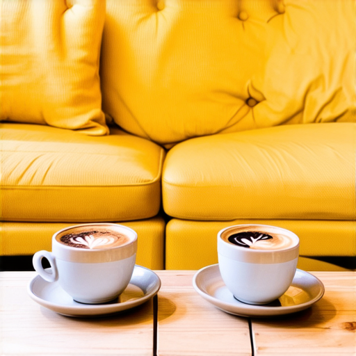 Two cups of coffee on table, cozy home atmosphere, yellow background, for logo with space for text in the middle. add couch behind cups. make wooden table