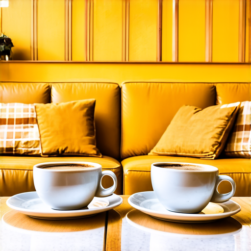 Two cups of coffee on table, cozy home atmosphere, yellow background, for logo with space for text in the middle. add couch behind cups. make couch lower. turn into logo
