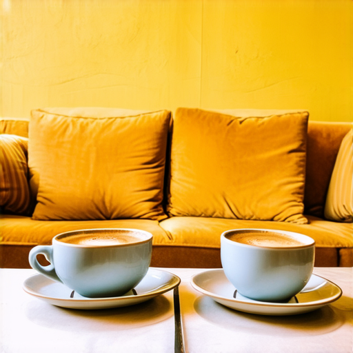 Two cups of coffee on table, cozy home atmosphere, yellow background, for logo with space for text in the middle. add couch behind cups. make couch lower. turn into logo