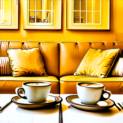 Two cups of coffee on table, cozy home atmosphere, yellow background, for logo with space for text in the middle. add couch behind cups. make couch lower. turn into logo