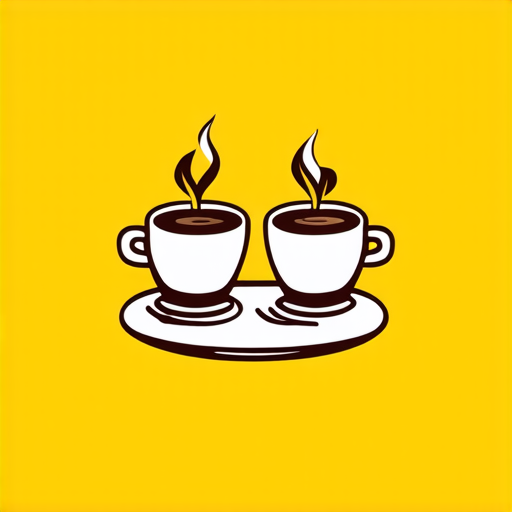 Professional logo design. Two cups of coffee on table, cozy home atmosphere, yellow background, for logo with space for text in the middle