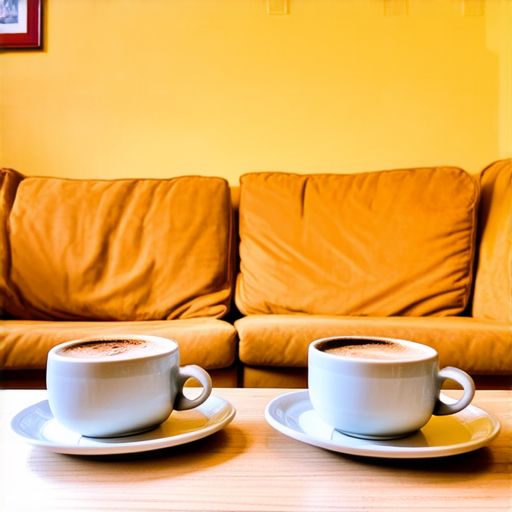Two cups of coffee on wooden table, cozy home atmosphere, yellow background, for logo with space for text in the middle. add couch behind cups. make couch lower