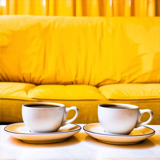 Two cups of coffee on table, cozy home atmosphere, yellow background, for logo with space for text in the middle. add couch behind cups