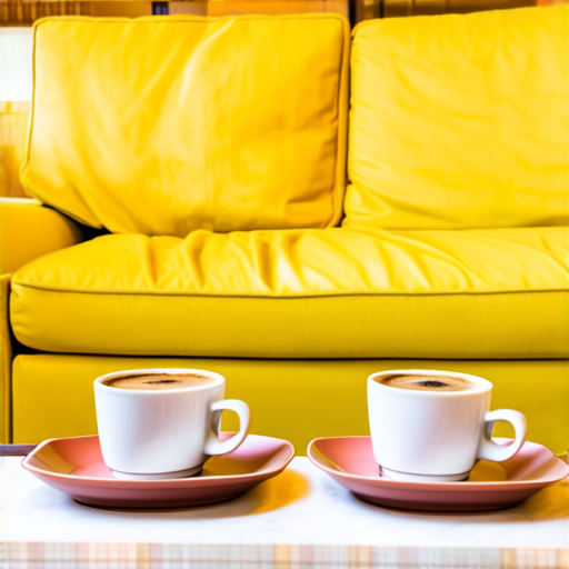 Two cups of coffee on table, cozy home atmosphere, yellow background, for logo with space for text in the middle. add couch behind cups