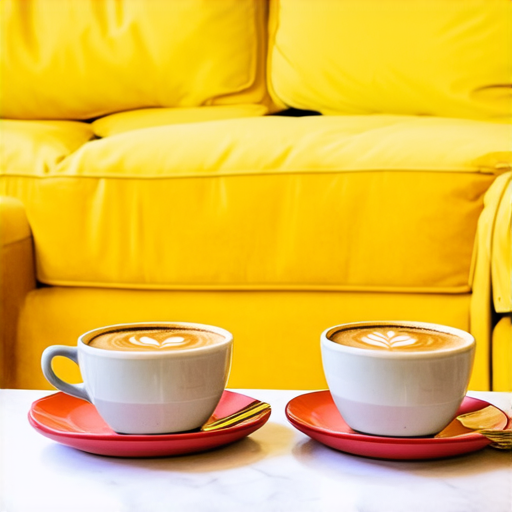 Two cups of coffee on table, cozy home atmosphere, yellow background, for logo with space for text in the middle. add couch behind cups