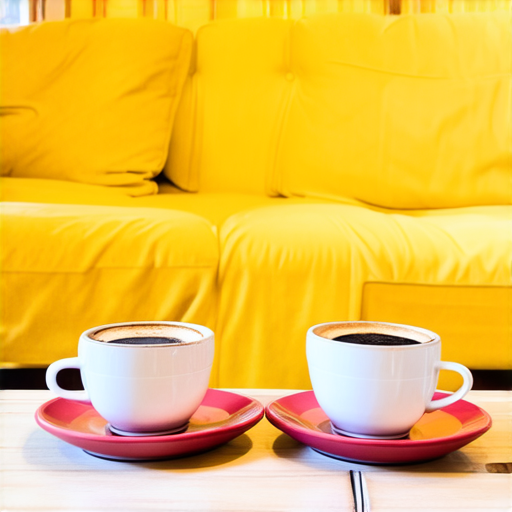 Two cups of coffee on table, cozy home atmosphere, yellow background, for logo with space for text in the middle. add couch behind cups