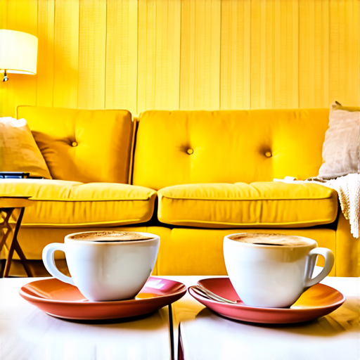 Two cups of coffee on table, cozy home atmosphere, yellow background, for logo with space for text in the middle. add couch behind cups