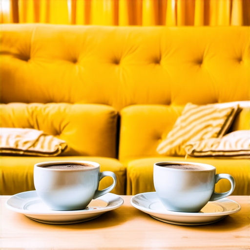 Two cups of coffee on table, cozy home atmosphere, yellow background, for logo with space for text in the middle. add couch behind cups. make couch lower