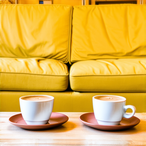 Two cups of coffee on table, cozy home atmosphere, yellow background, for logo with space for text in the middle. add couch behind cups. make couch lower