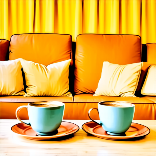 Two cups of coffee on table, cozy home atmosphere, yellow background, for logo with space for text in the middle. add couch behind cups. make couch lower