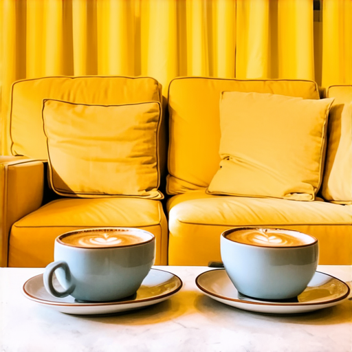 Two cups of coffee on table, cozy home atmosphere, yellow background, for logo with space for text in the middle. add couch behind cups. make couch lower