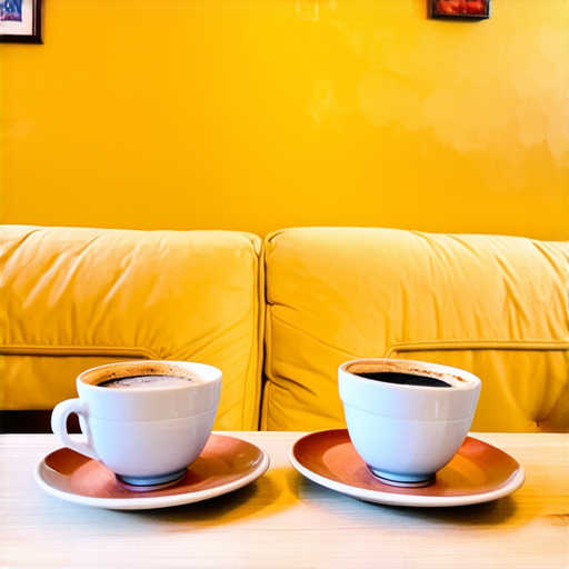 Two cups of coffee on table, cozy home atmosphere, yellow background, for logo with space for text in the middle. add couch behind cups. make couch lower